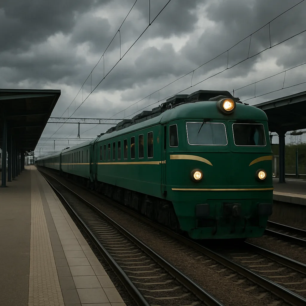 Green Passenger Train Is Arriving at a Platform