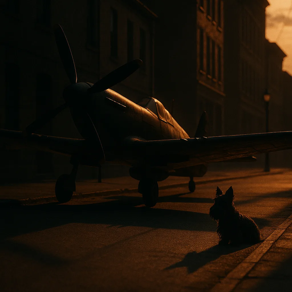 Warplane and Scotch Terrier on a Quiet Street