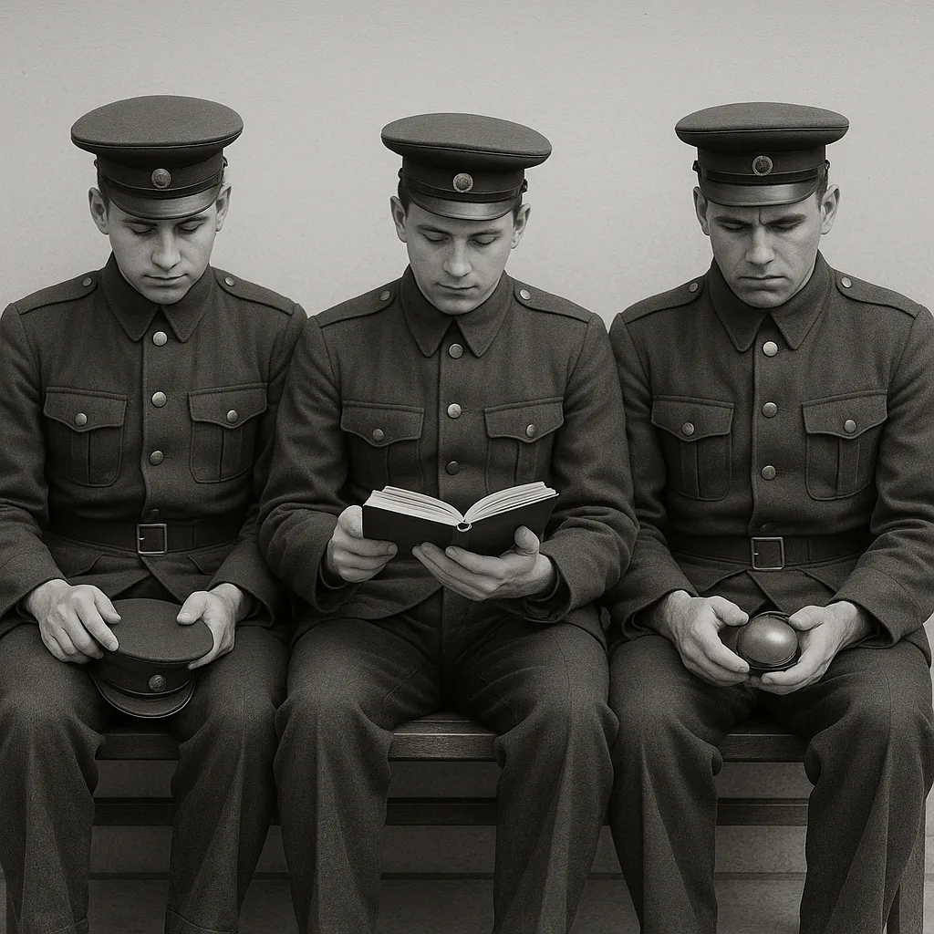Three Uniformed Individuals Sit on a Bench