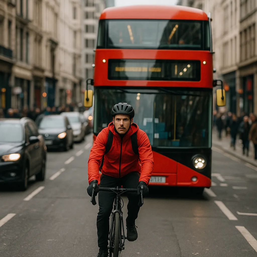 Cyclist Wearing a Red Jacket Rides Down a Busy City