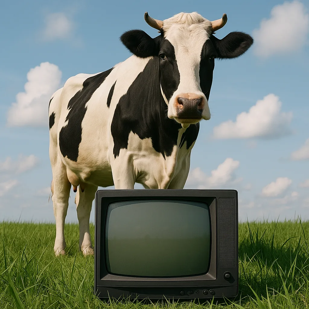 Cow Positioned over a Television