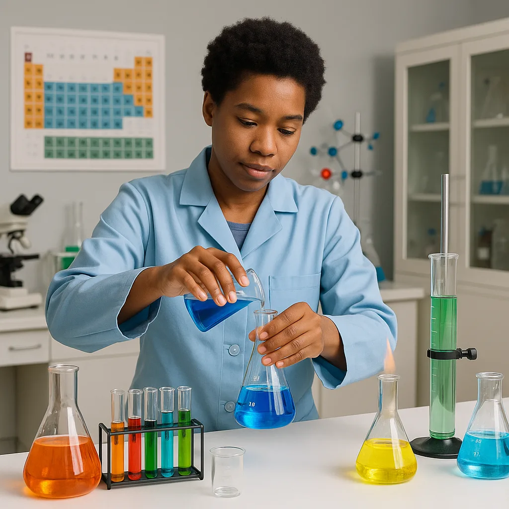 Individual Dressed in a Pale Blue Coat Is Performing Experiments