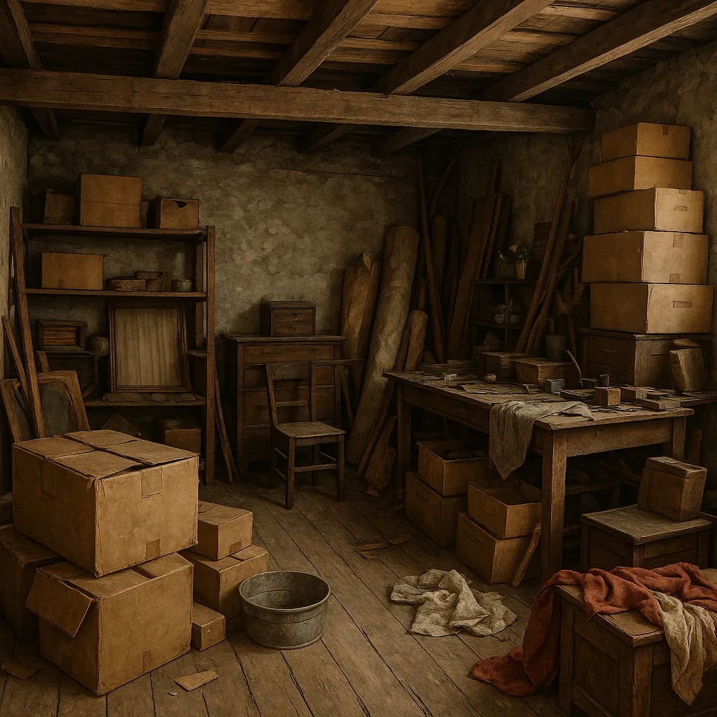 Cluttered Workshop or Storage Room with Visible Wooden Ceiling Beams