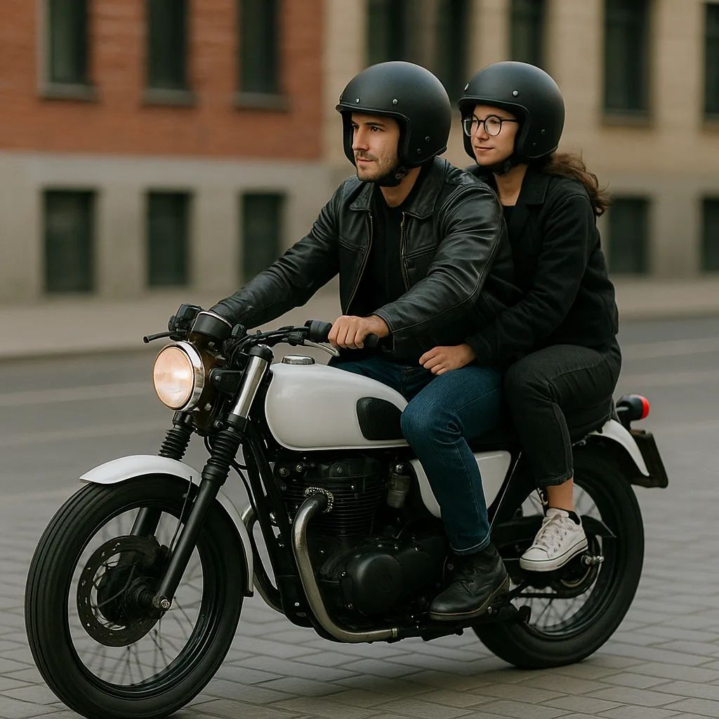 Two Individuals Riding a Classic White Motorcycle