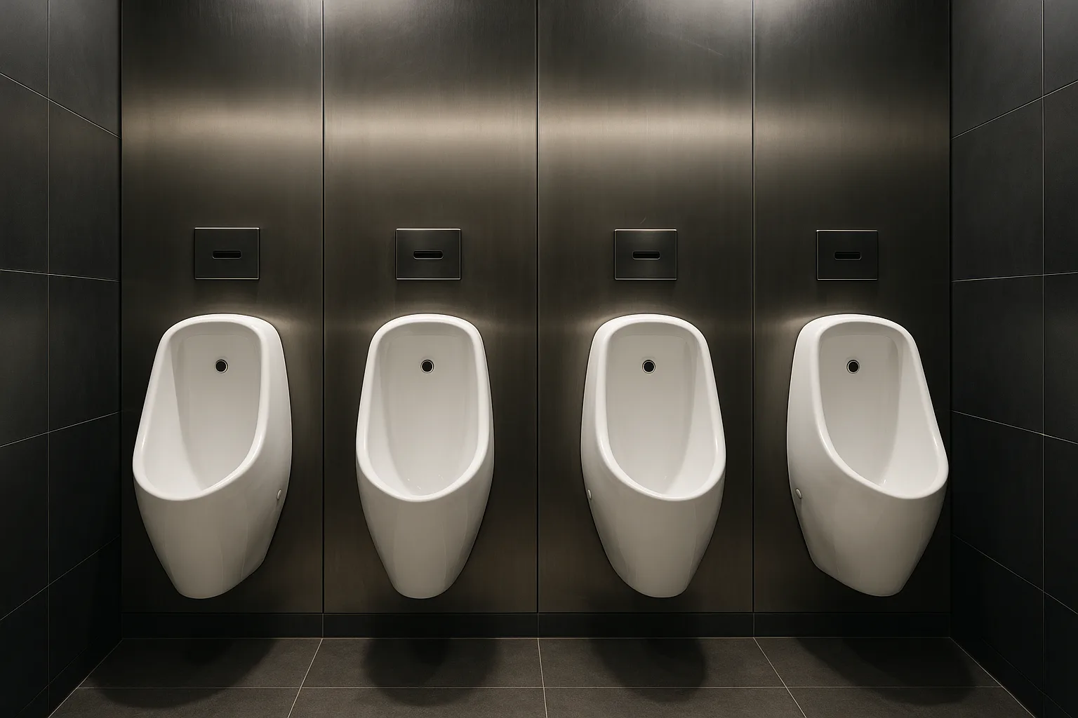 Row of Four Modern Wall-mounted Urinals in a Restroom