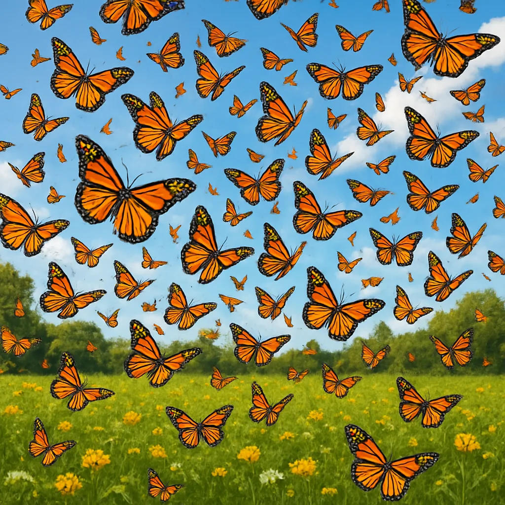 Lively Group of Monarch Butterflies Gliding over a Verdant Field