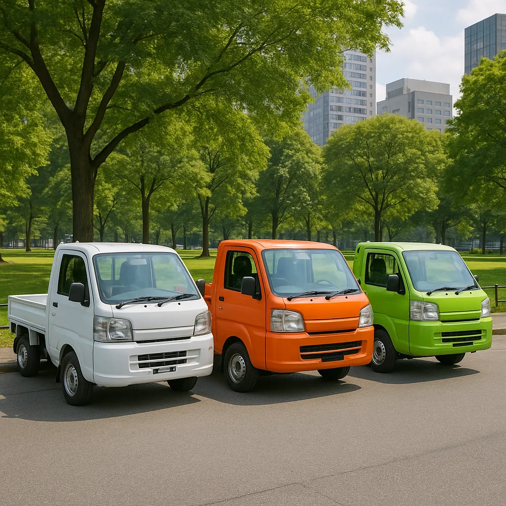 Three Small Utility Trucks Parked in a Row