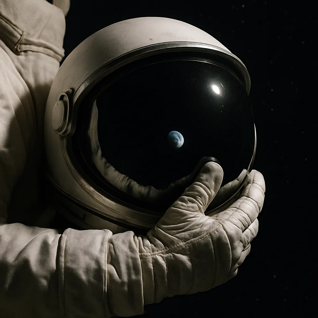 Astronaut's Gloved Hand Clutching a Shiny Helmet