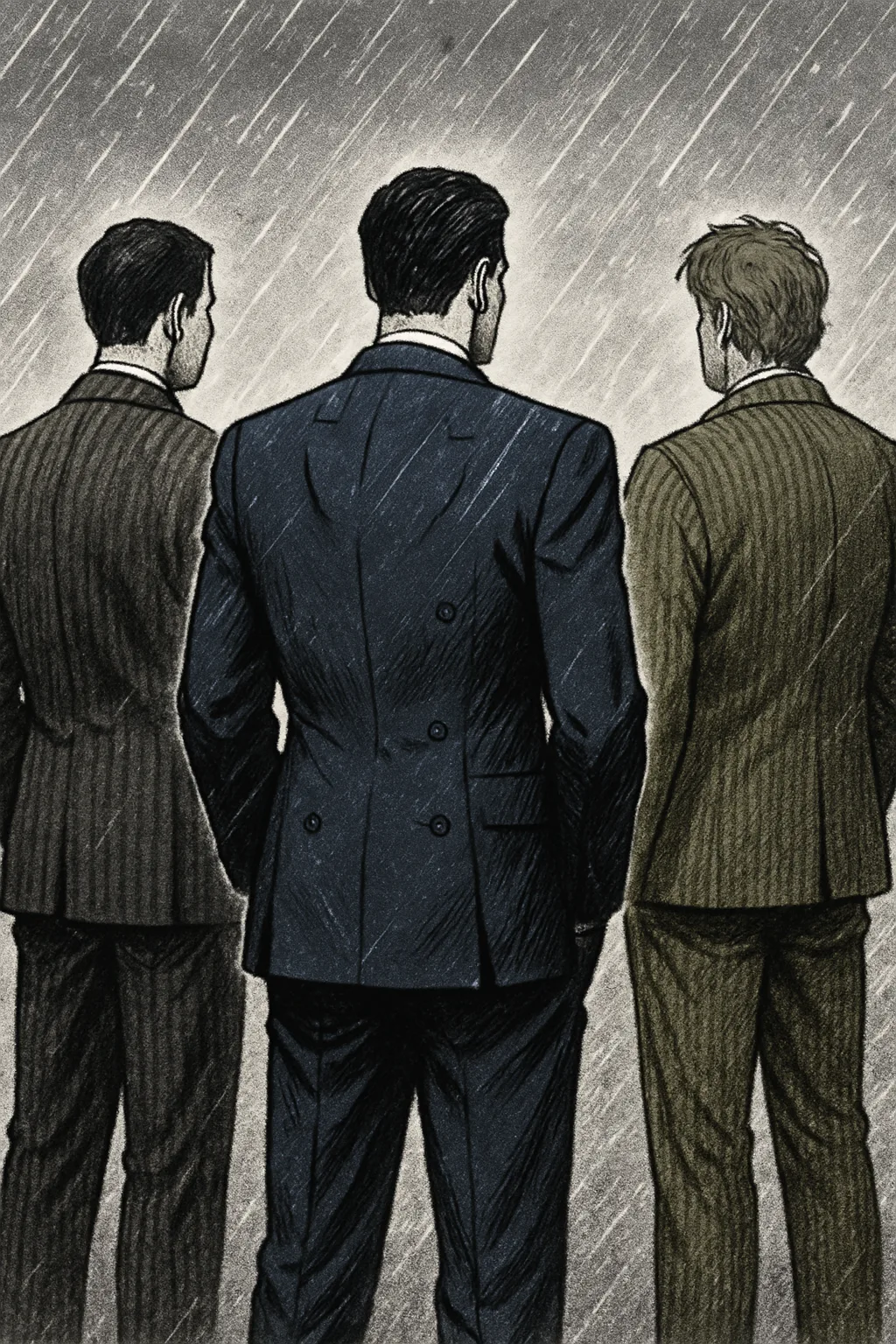 Three Figures in Distinct Suits—a Sharp Charcoal Grey Pinstripe