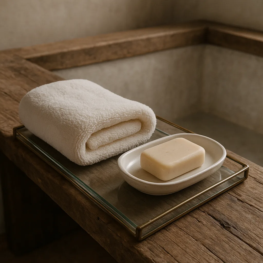 On the Glass Tray Next to the Wooden Bathtub