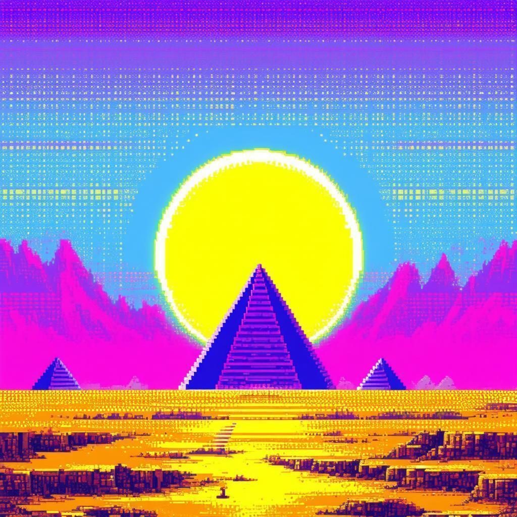 Pixel Yellow Sphere Behind Purple Pyramid
