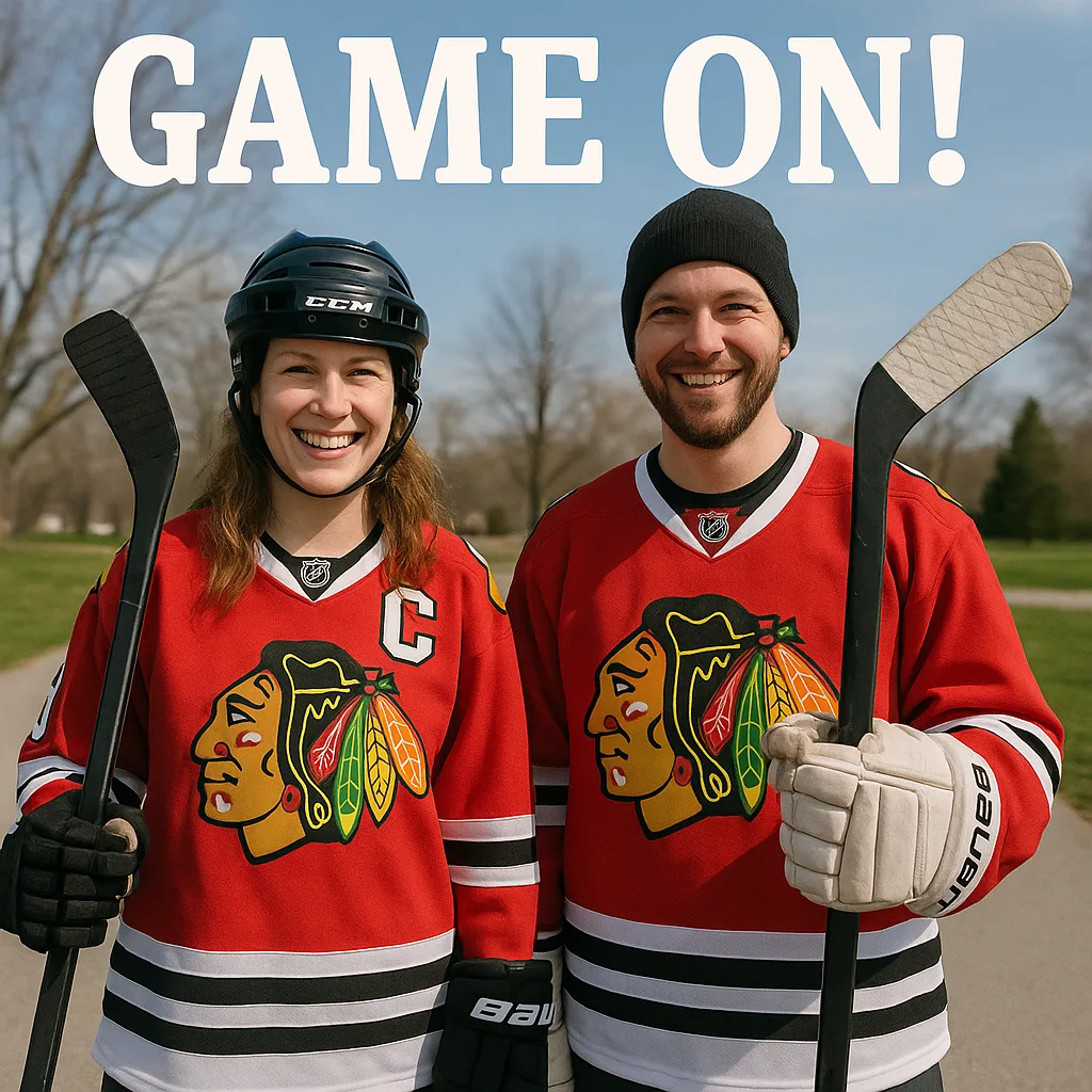 Two People Wearing Chicago Blackhawks Hockey Jerseys