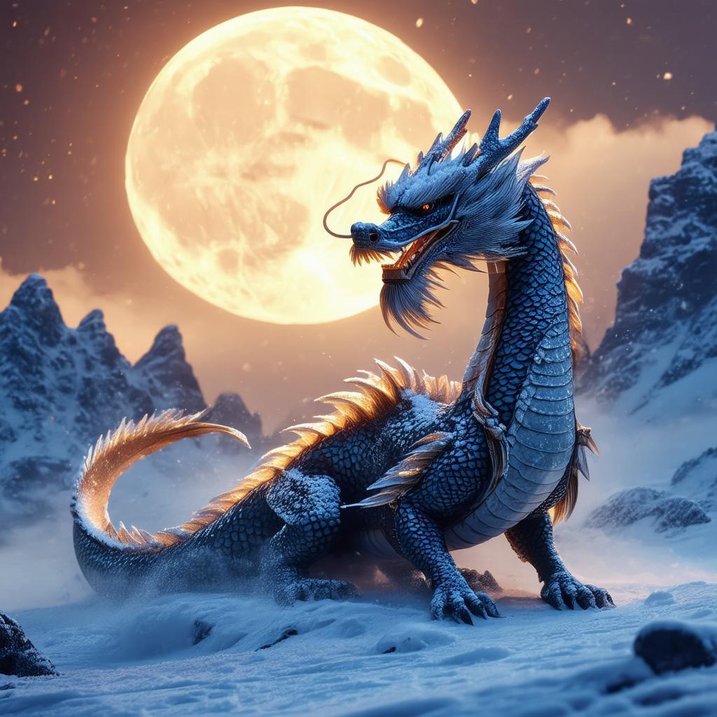 Majestic Dragon in Snow Under Glowing Moon
