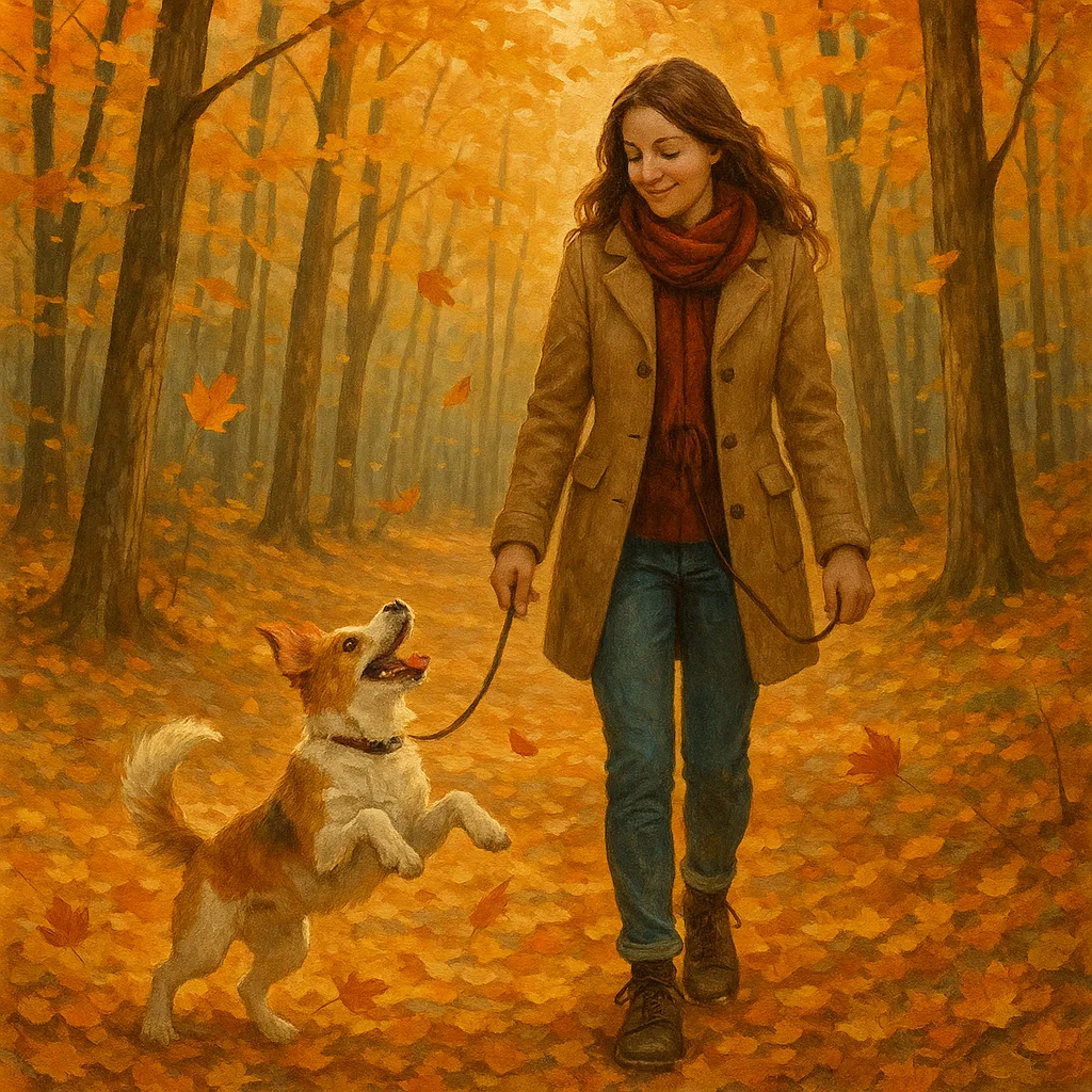 Dog Frolics Joyfully in Piles of Autumn Leaves