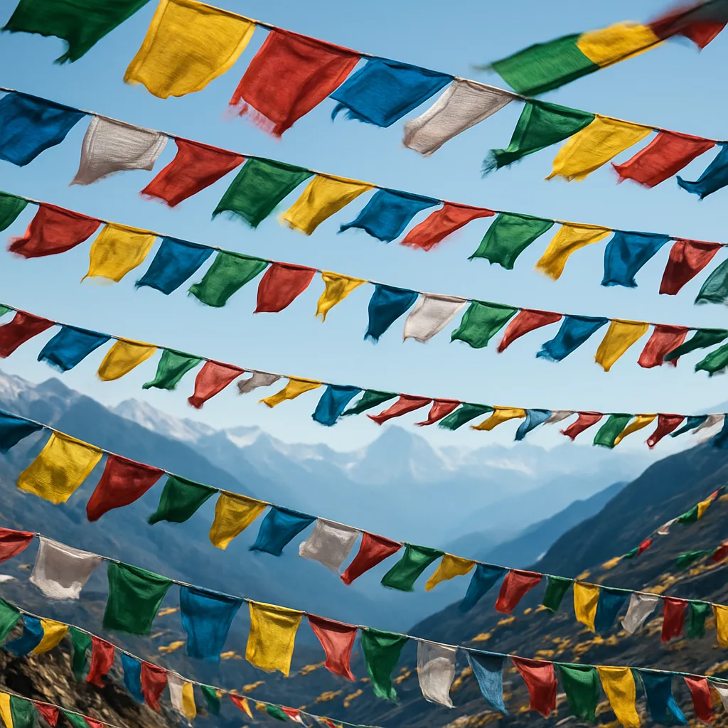 Many Colorful Prayer Flags Flutter Vigorously in the Wind