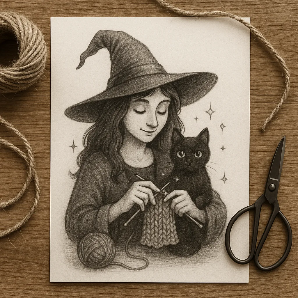 Grayscale Illustration of a Witch Wearing a Hat