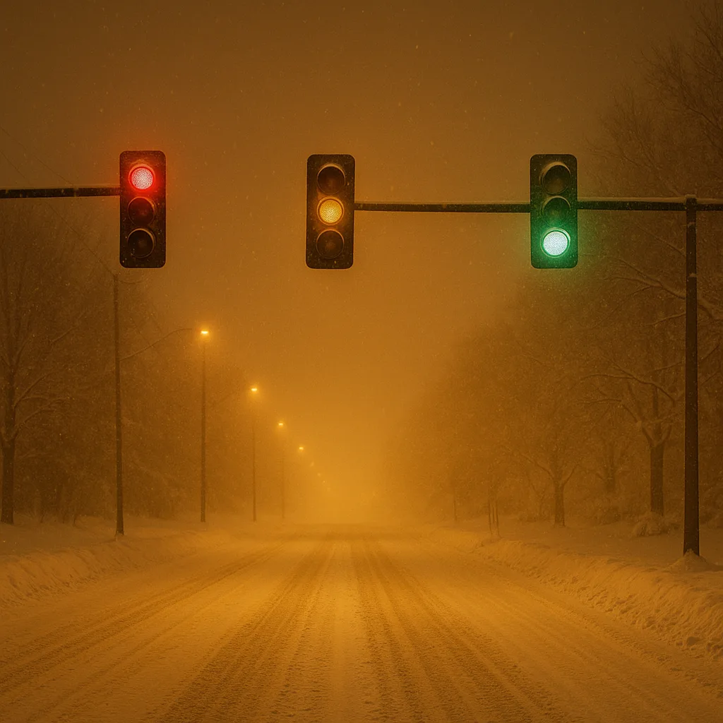 Softly Blinking Traffic Lights Illuminate a Snow-covered Road