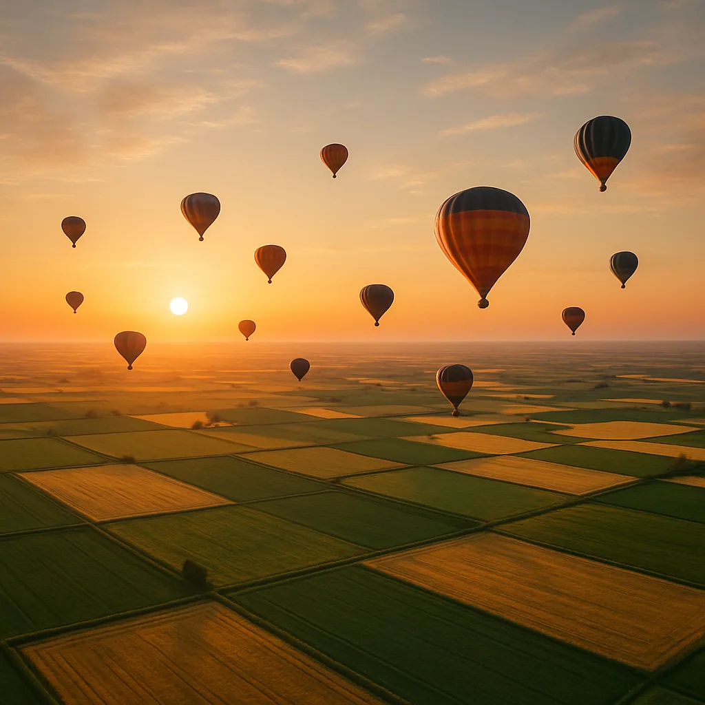Many Distant Hot Air Balloons Drift Serenely over a Vast