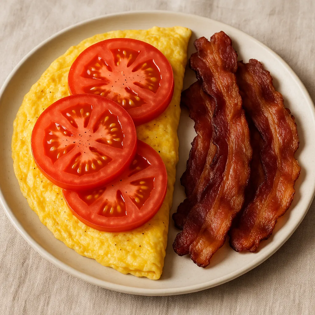 Fresh Tomato Slices Are Arranged on Top of an Omelet