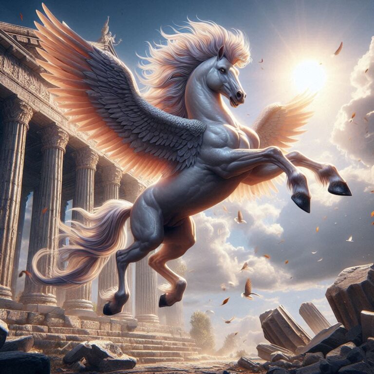 Majestic Pegasus Soars by Ancient Temple