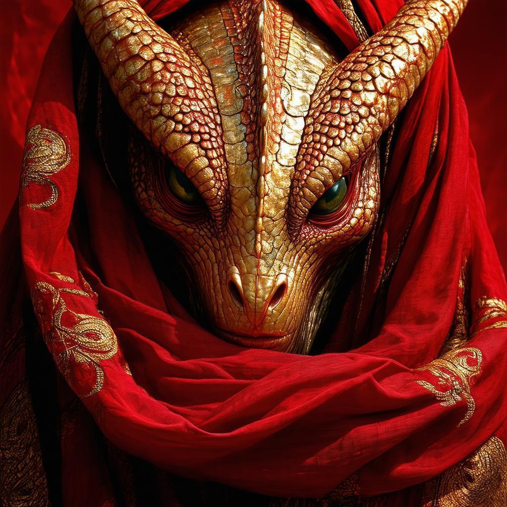 Fierce Medusa in Red and Gold Robes