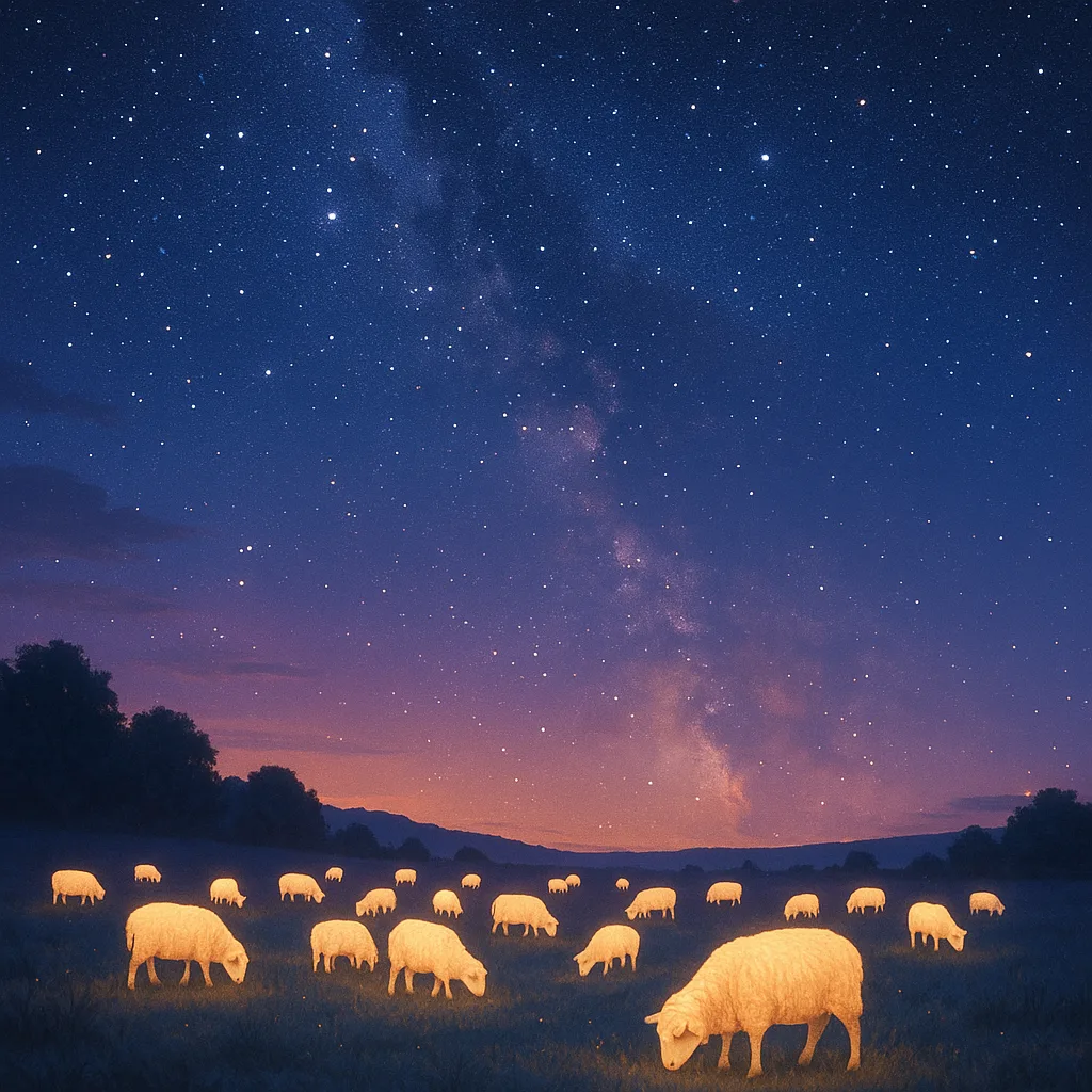 Tranquil Landscape Hosts a Group of Glowing Sheep
