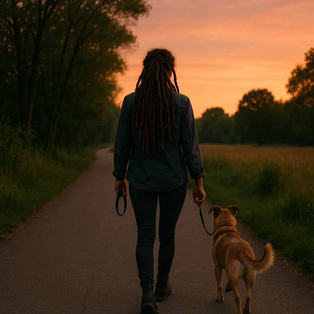 Woman with Dreadlocks Walks a Dog on a Paved Path