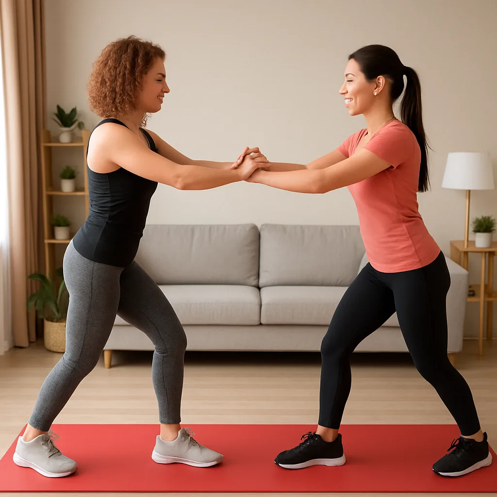 Two Women Standing on a Red Mat