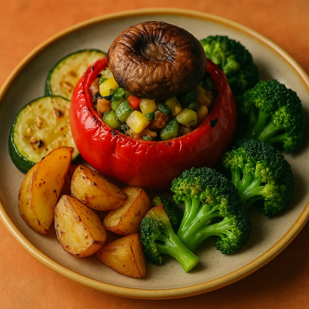 Colorful Plate Featuring Roasted Red Pepper Stuffed with Vegetables
