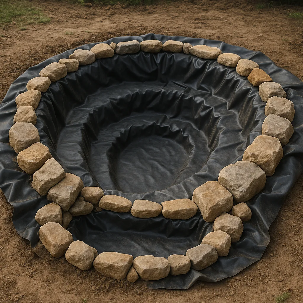 Partially Constructed Pond Lined with Rocks and a Tarp