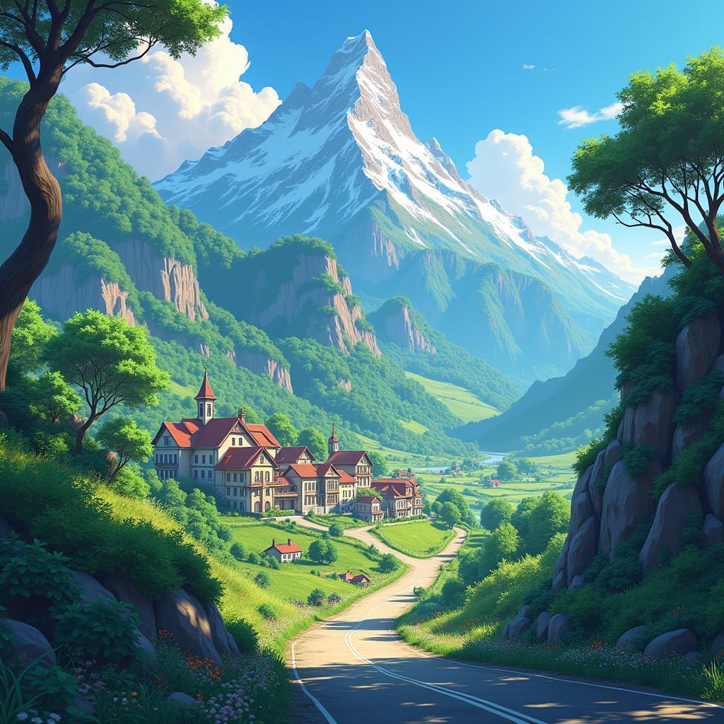 Golden Anime Village Nestled in Lush Mountains