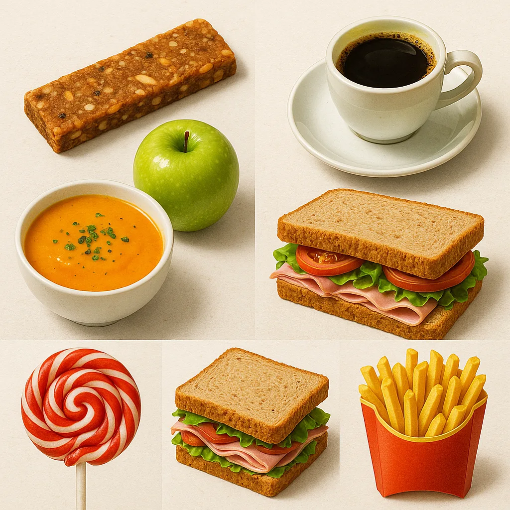 Collage of Assorted Food Items Including an Energy Bar