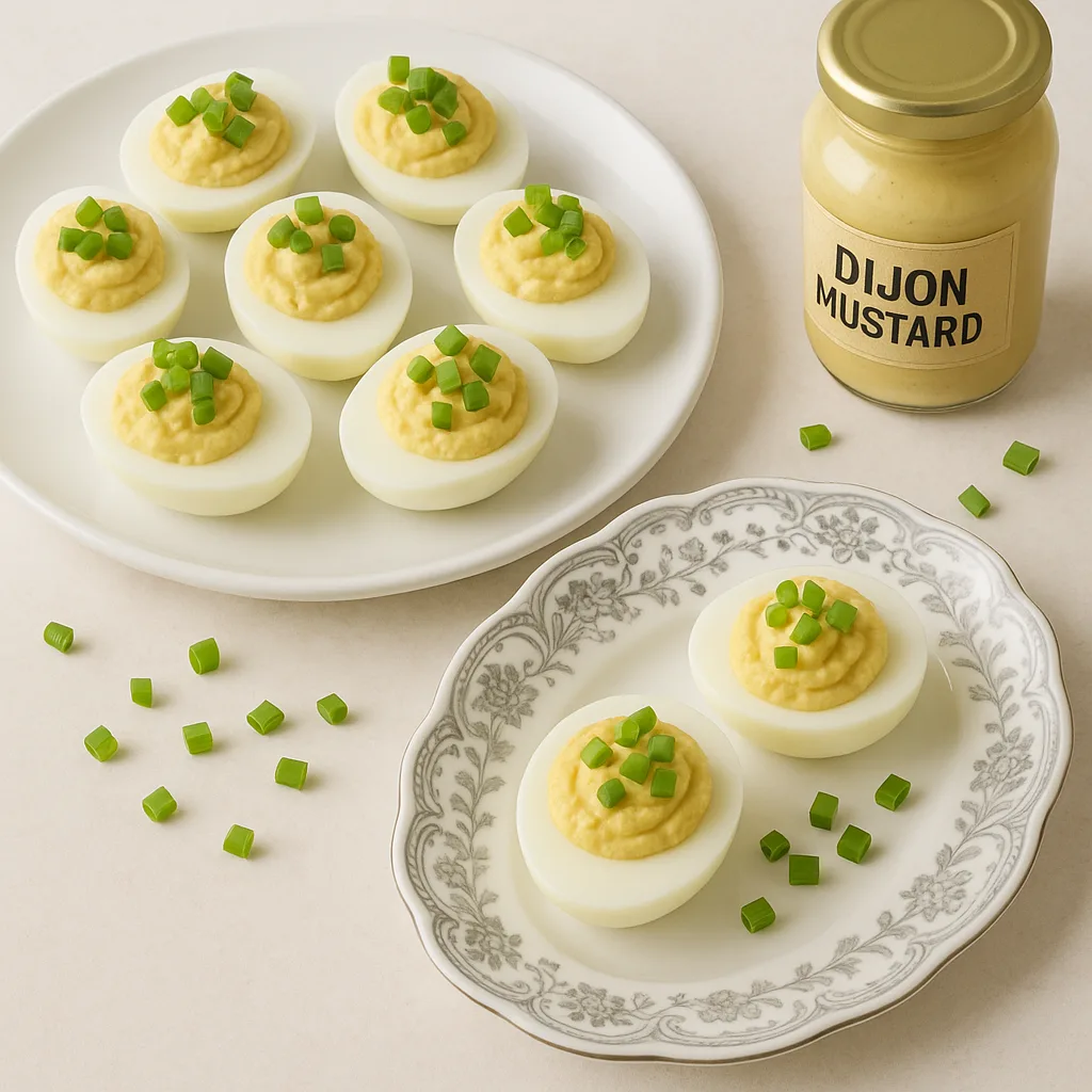 Presentation of Deviled Eggs Topped with Chopped Green Onions