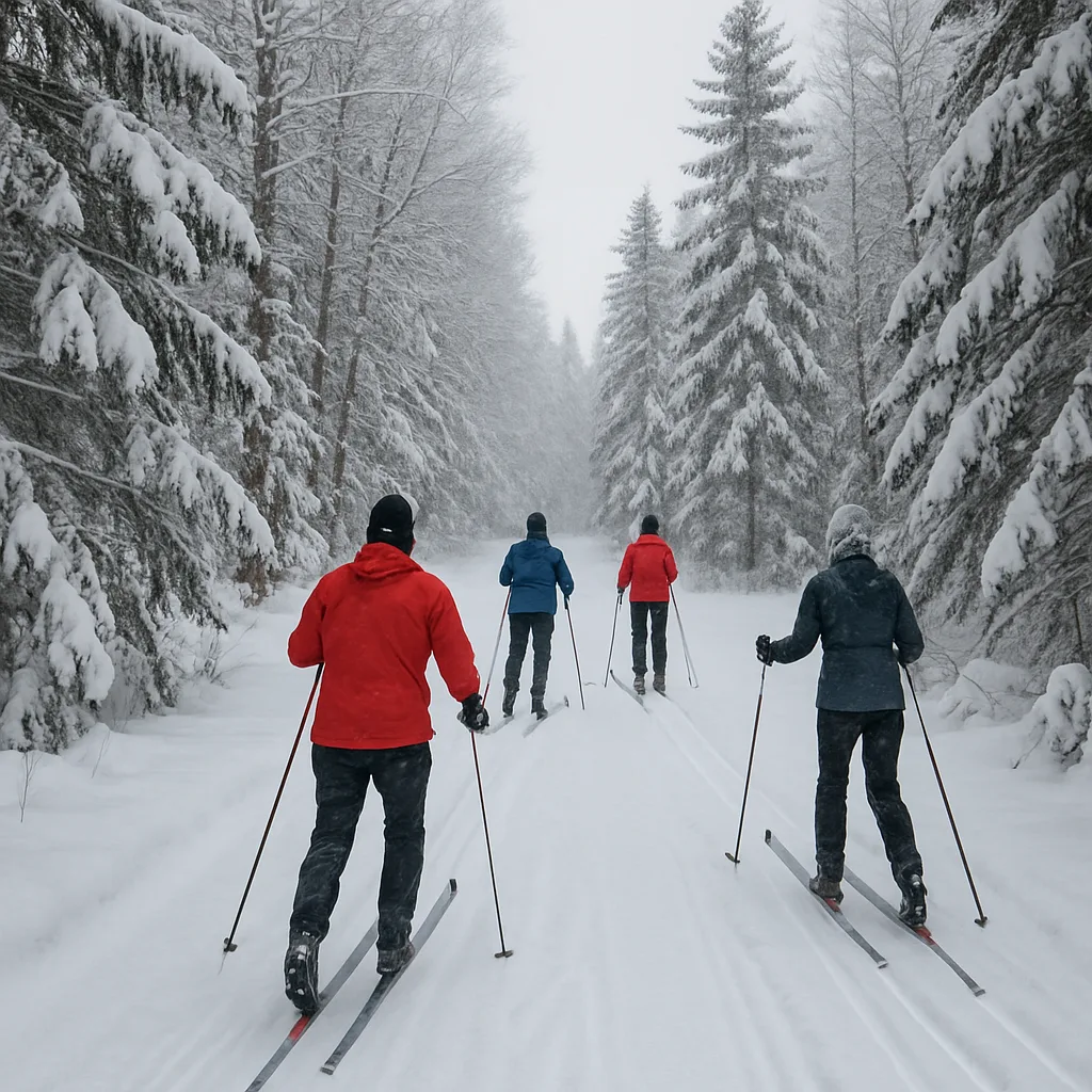 Group of People Skiing Along a Snowy Trail