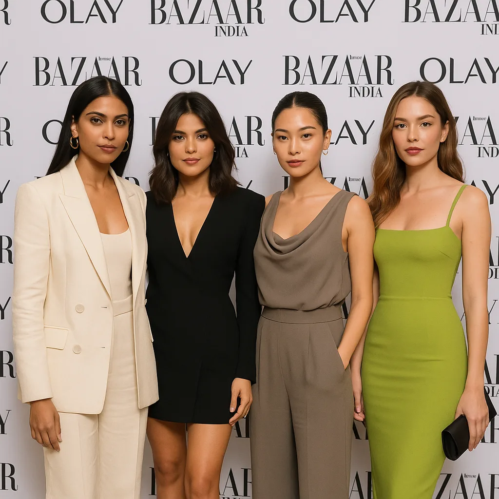 Four Women in Stylish Outfits Posing in Front