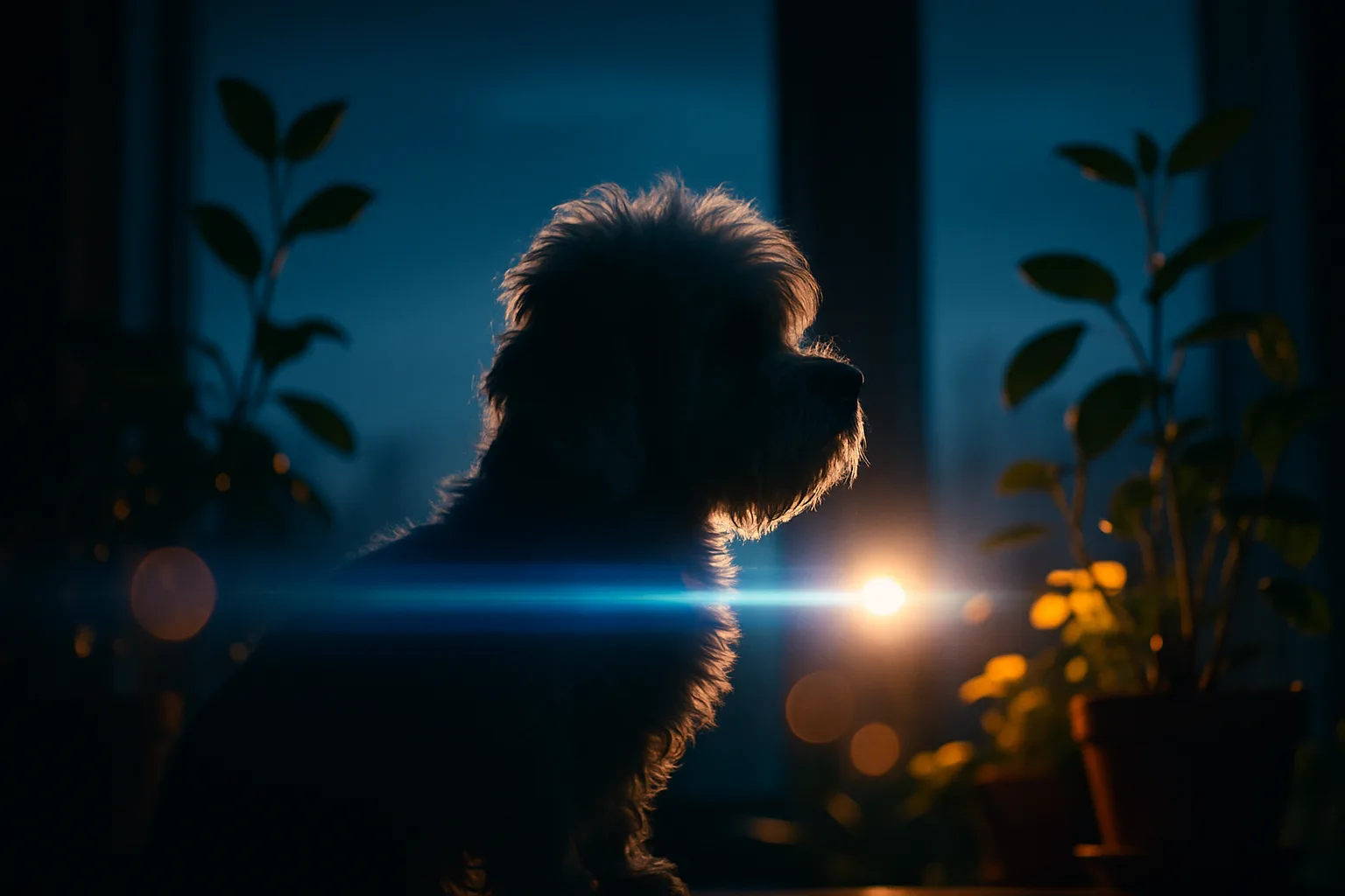 Dandie Dinmont Silhouetted by Intense Cool Twilight Backlight