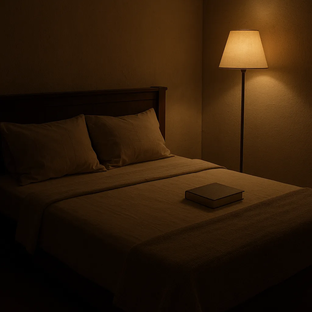 Dimly Lit Bedroom Scene with a Neatly Made