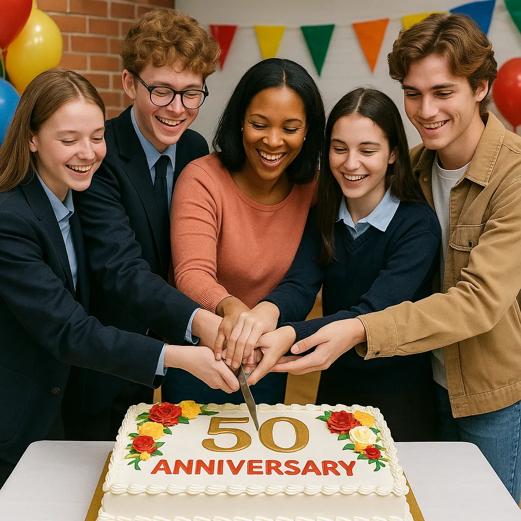 Group of People in School Uniforms and Casual Attire Cut
