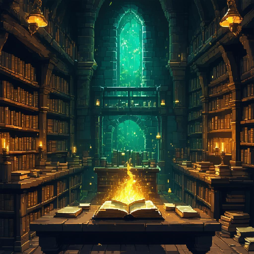 Pixelated Wizard Study Glowing With Ancient Tomes