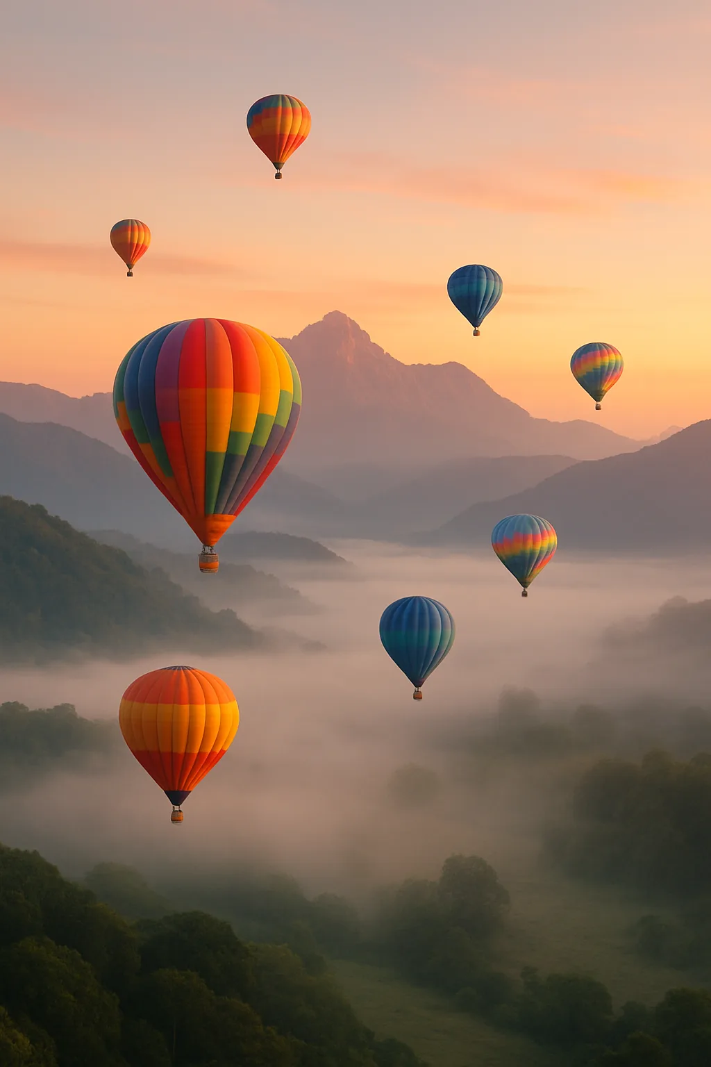 Handful of Brightly Colored Hot Air Balloons Gently Ascend