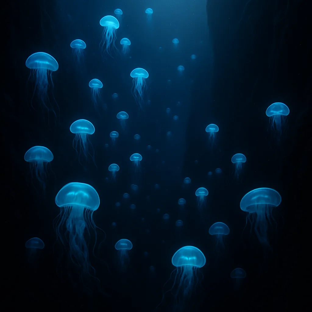 Myriad Glowing Jellyfish Drift Serenely