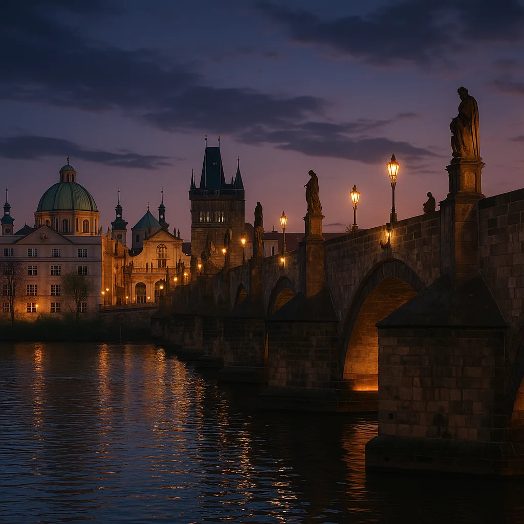 Evening Scene at Charles Bridge in Prague