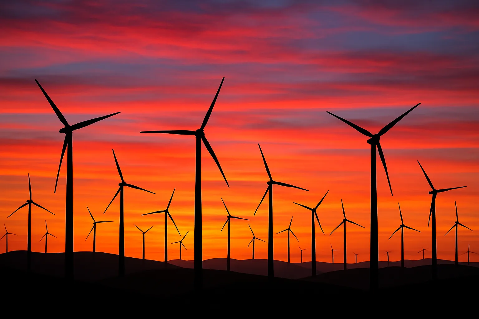 Countless Silhouetted Wind Turbines Stand Sentinel Across Rolling Hills