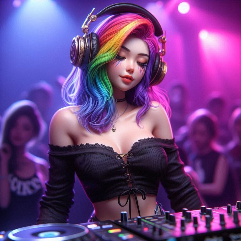 Rainbow-Haired DJ at Discotech Console