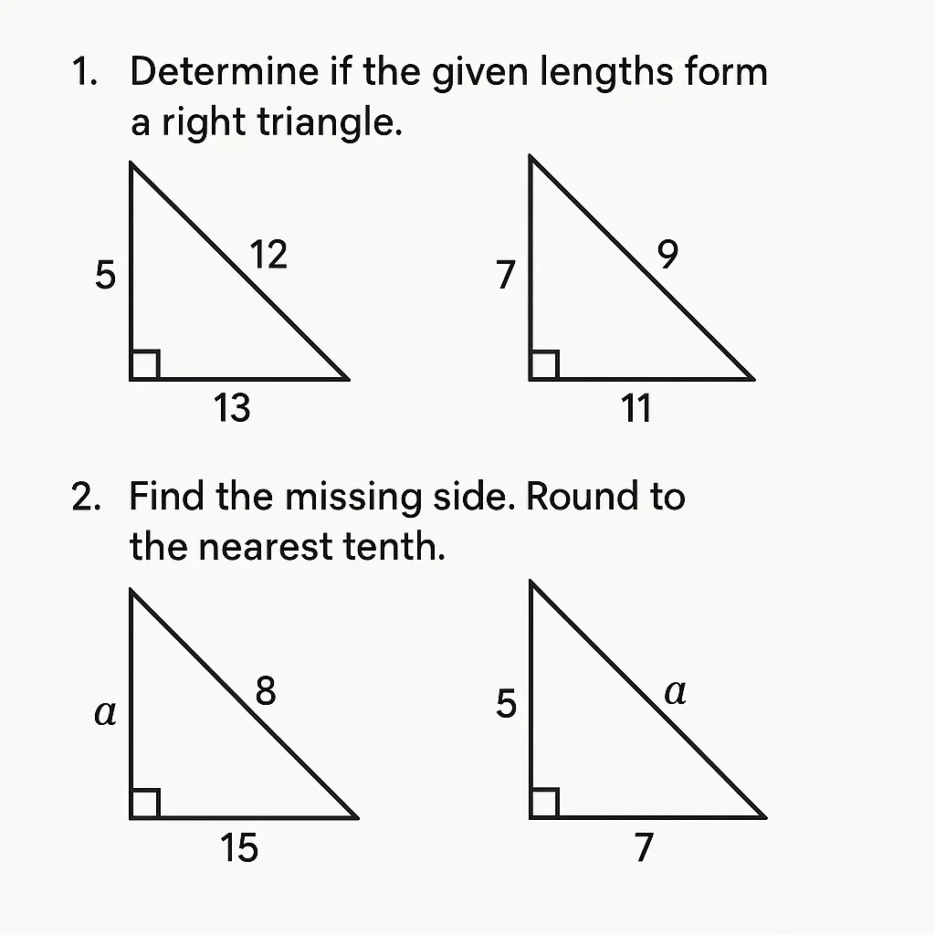 Worksheet Titled "The Pythagorean Theorem" with Diagrams of Triangles Labeled