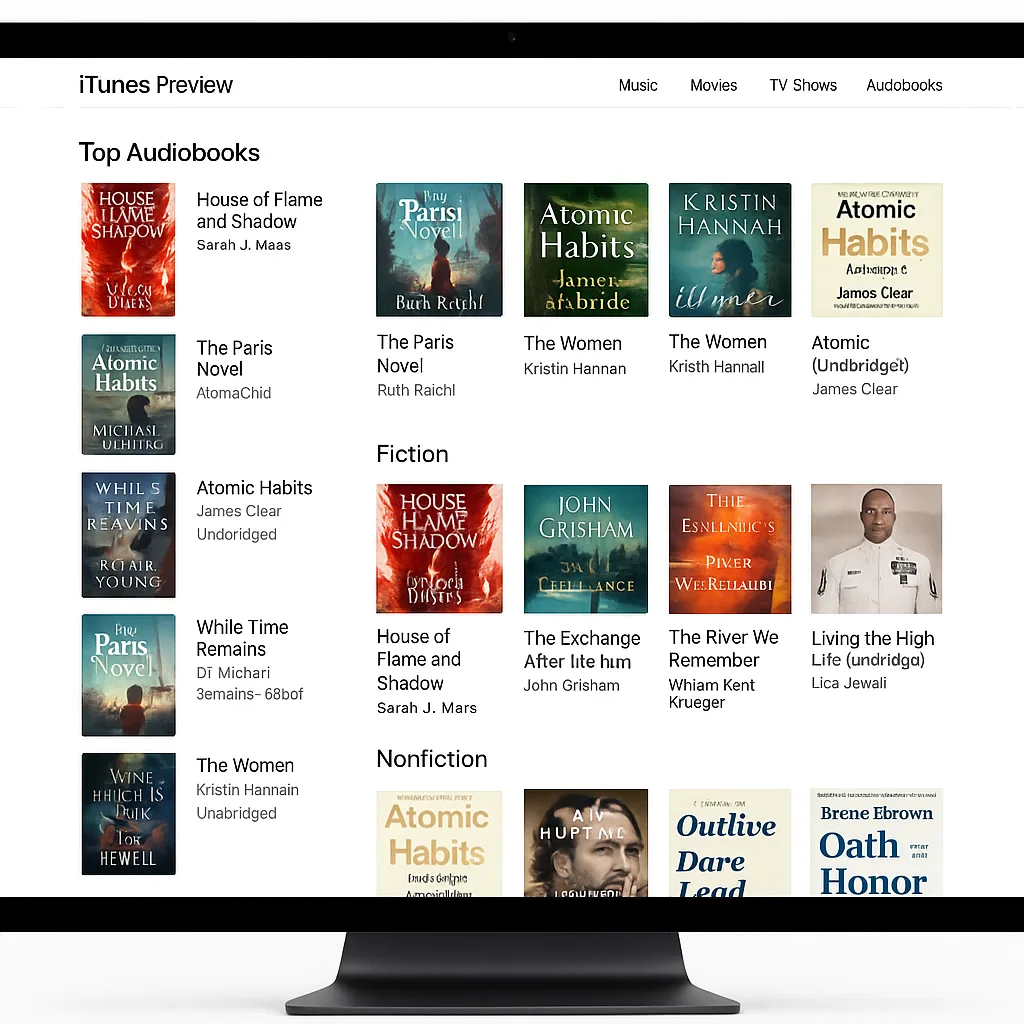Computer Screen Displaying the ITunes Preview Page Featuring Top Audiobooks