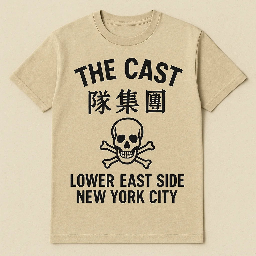 Beige T-shirt Featuring Black Text That Reads "THE CAST"