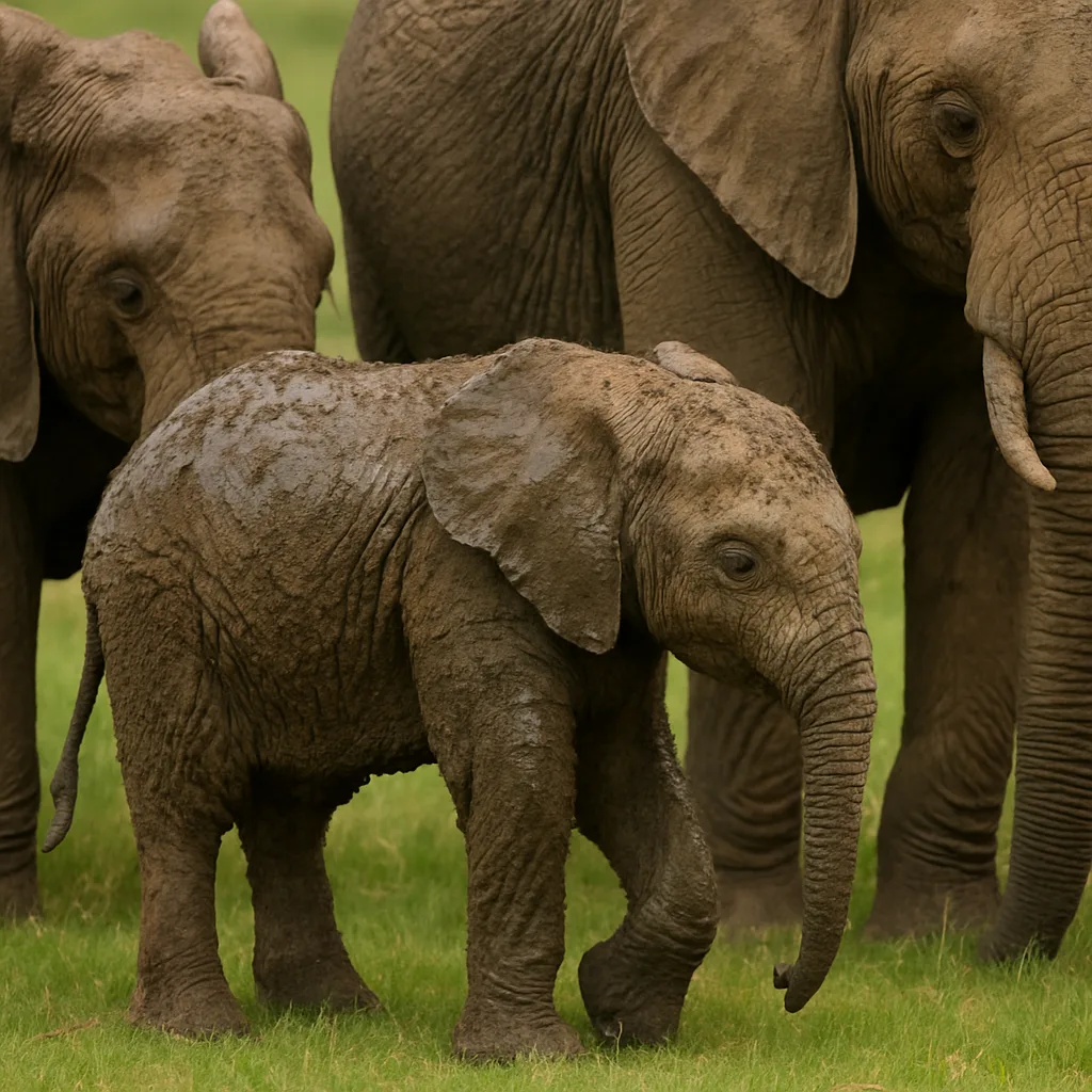 Baby Elephant Covered in Mud Stands Close to Adult Elephants