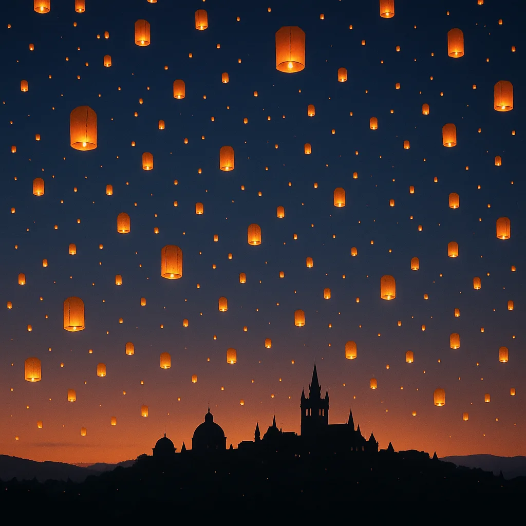 Countless Flickering Lanterns Ascend into a Twilight Sky
