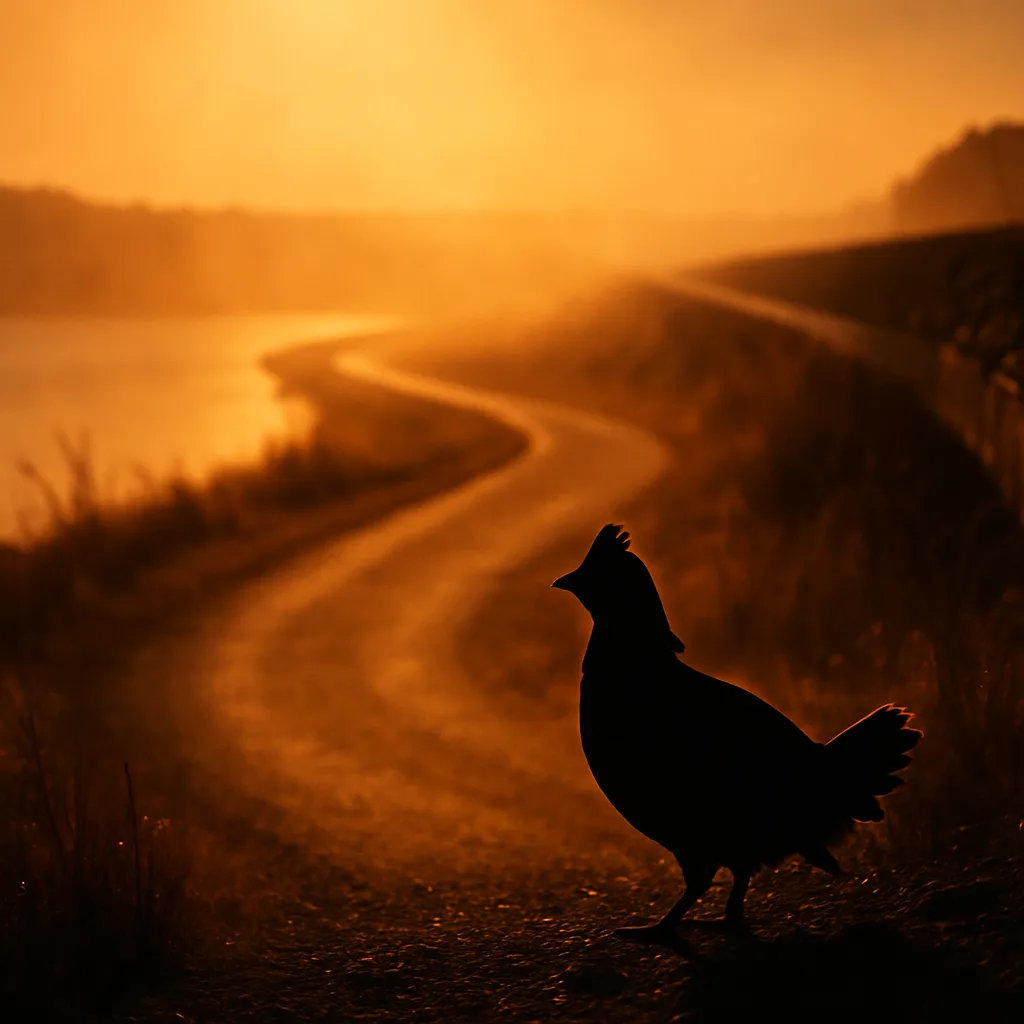 Ruffed Grouse Silhouetted by Volumetric Backlight near a Dam